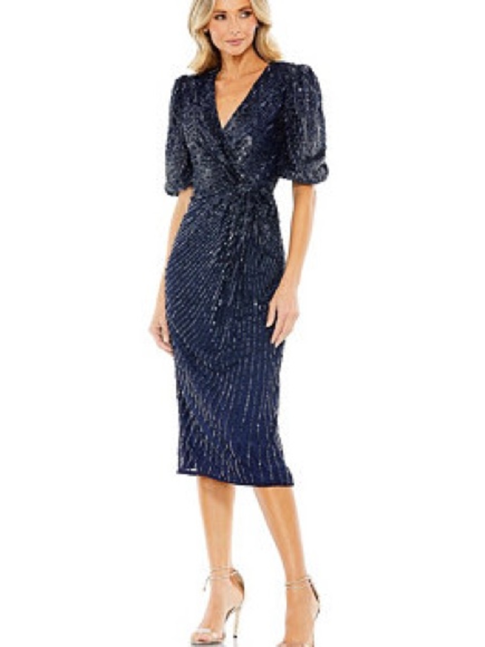 Mac Duggal Sequin V- Neck Short Puff Sleeve Midi Dress. Size 2 Women #543